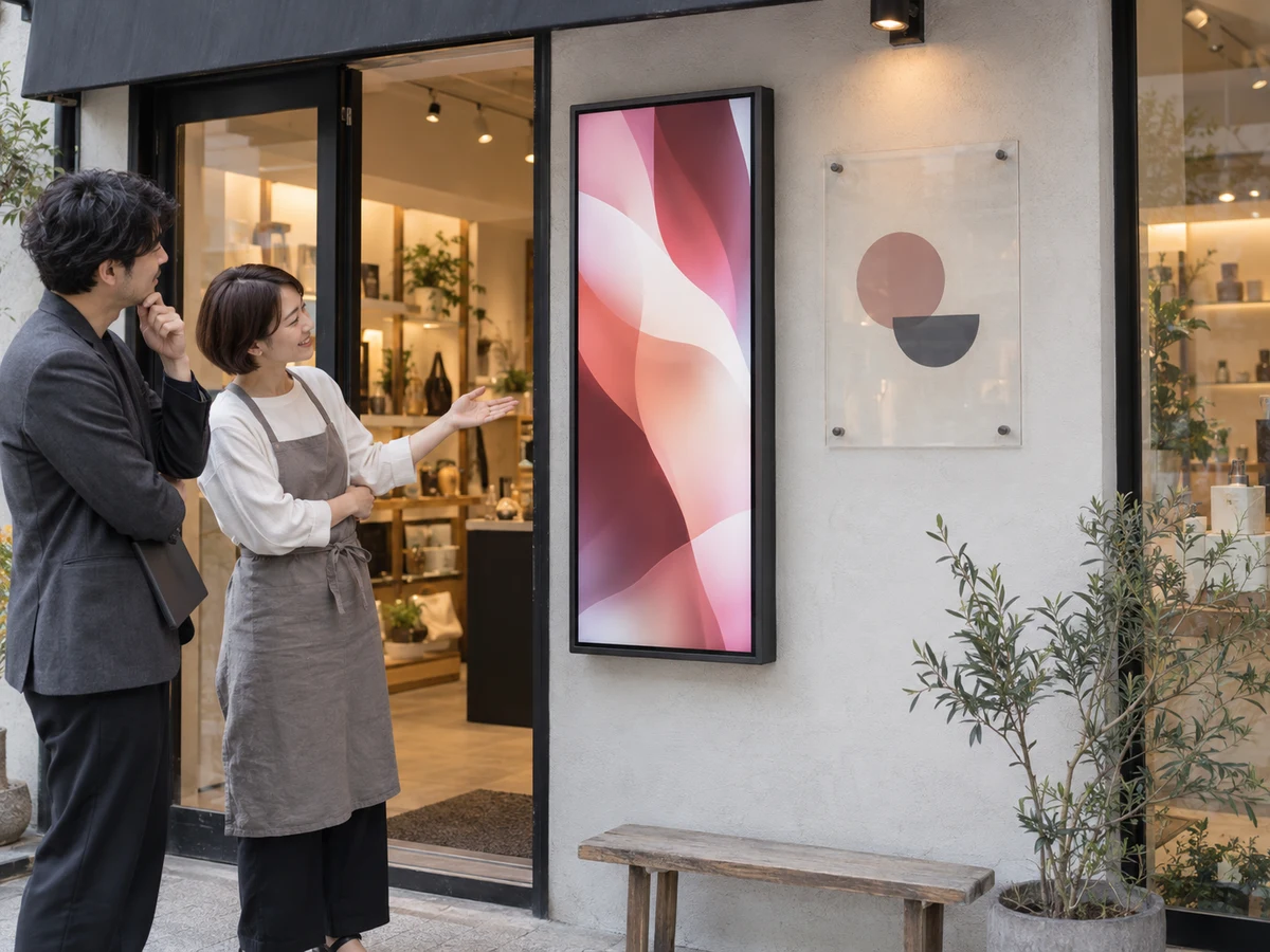 店舗入口でデジタルサイネージと通常の壁面看板を比較する制作イメージ