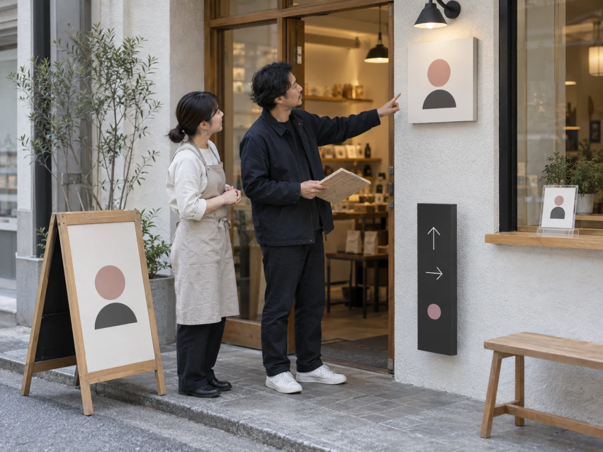 店舗入口のスタンド看板、壁面サイン、案内パネル、QRサインを確認する制作イメージ