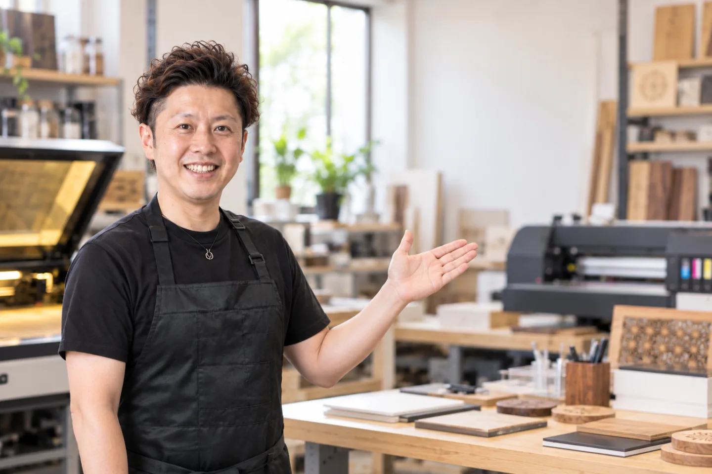 本人写真を参照して生成した、工房で相談導線を案内するEIGHT代表の制作イメージ