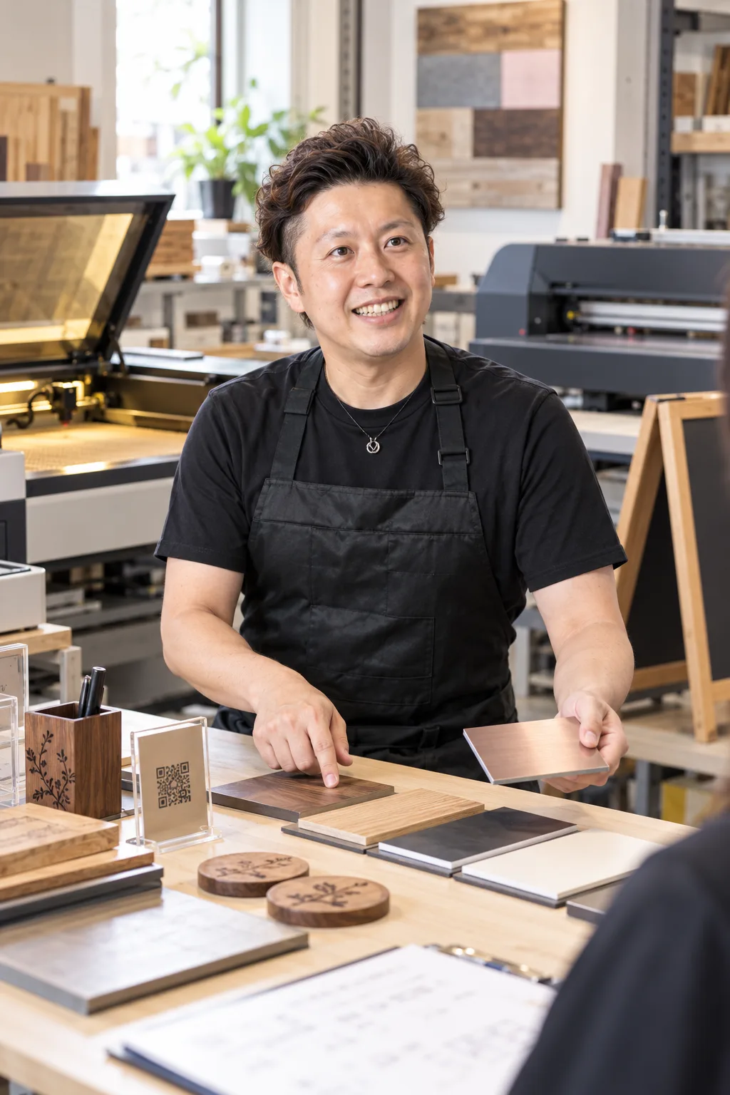 本人写真を参照して生成した、工房で制作サンプルを確認するEIGHT代表の制作相談イメージ
