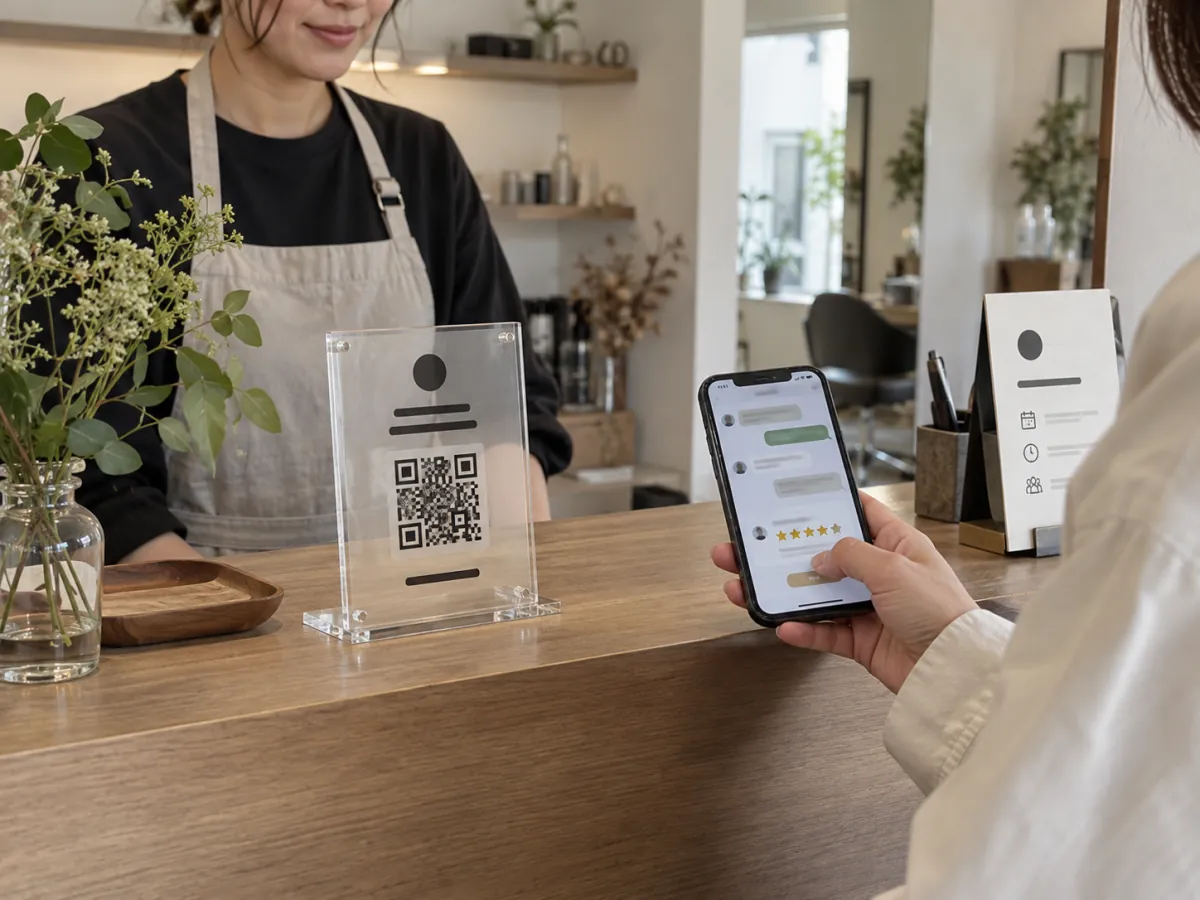 受付カウンターでQRサインとスマートフォンを活用する店舗導線のイメージ