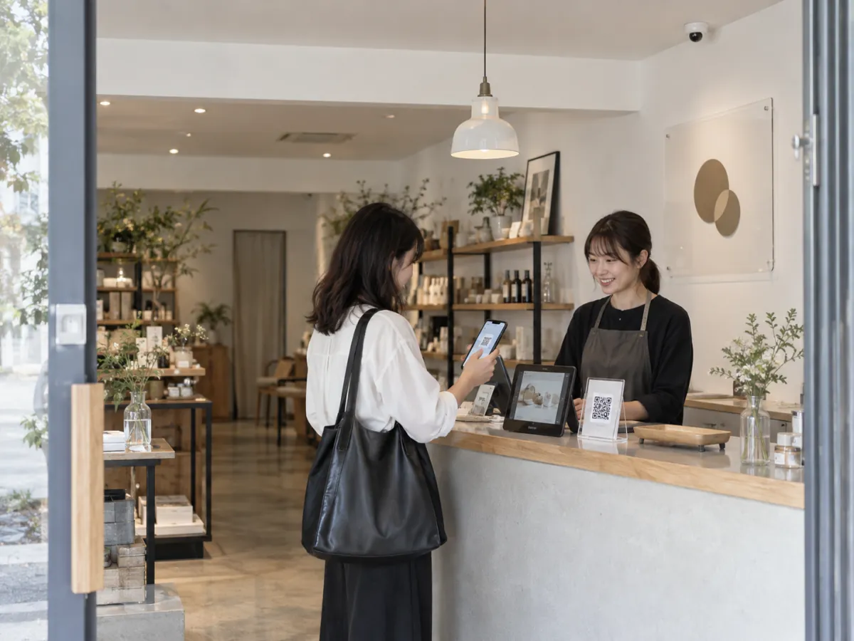 小型デジタル表示・防犯カメラ・QRサインを組み合わせた店舗全体の導線イメージ