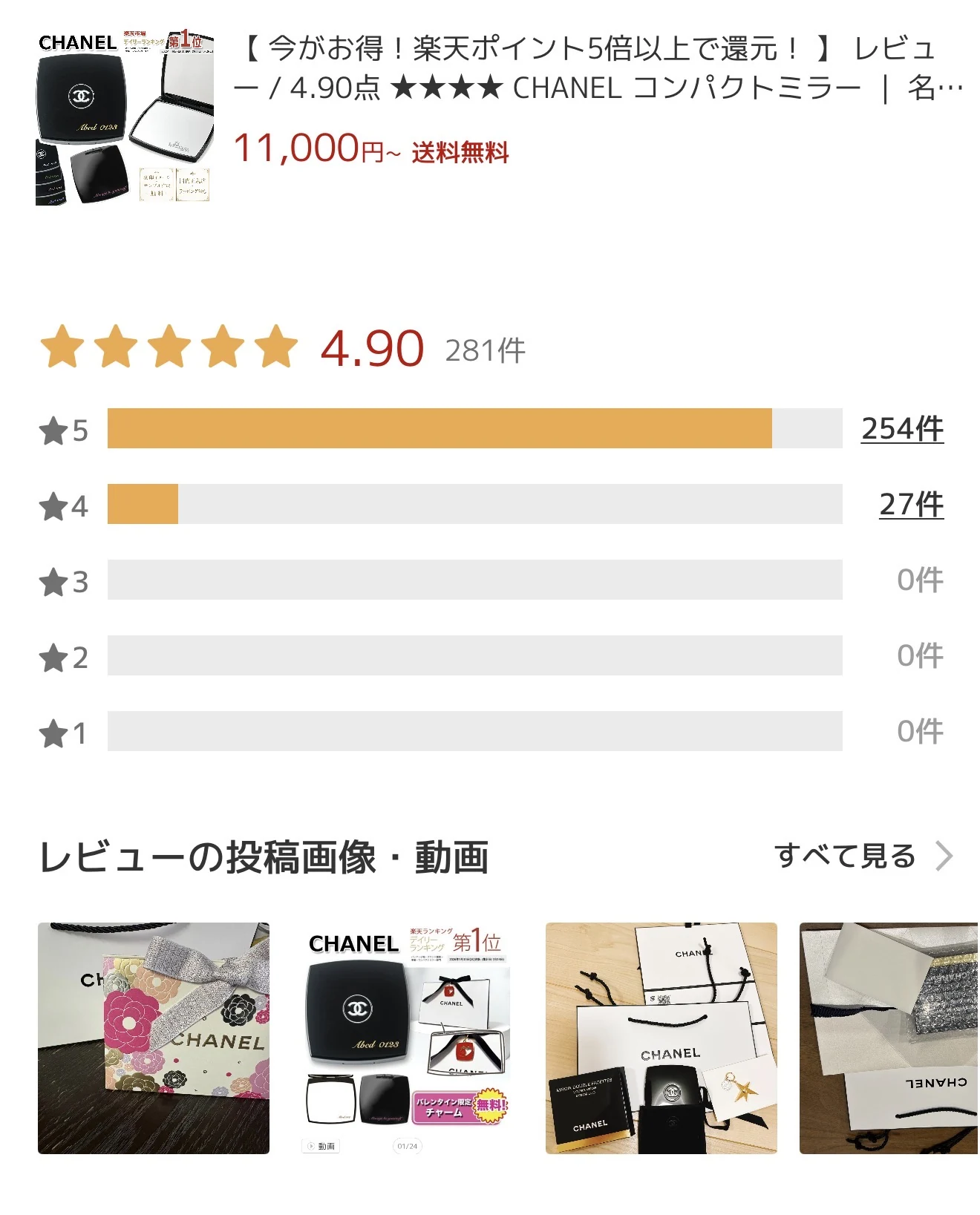 楽天市場販売当時の評価4.90とレビュー281件の内訳画面