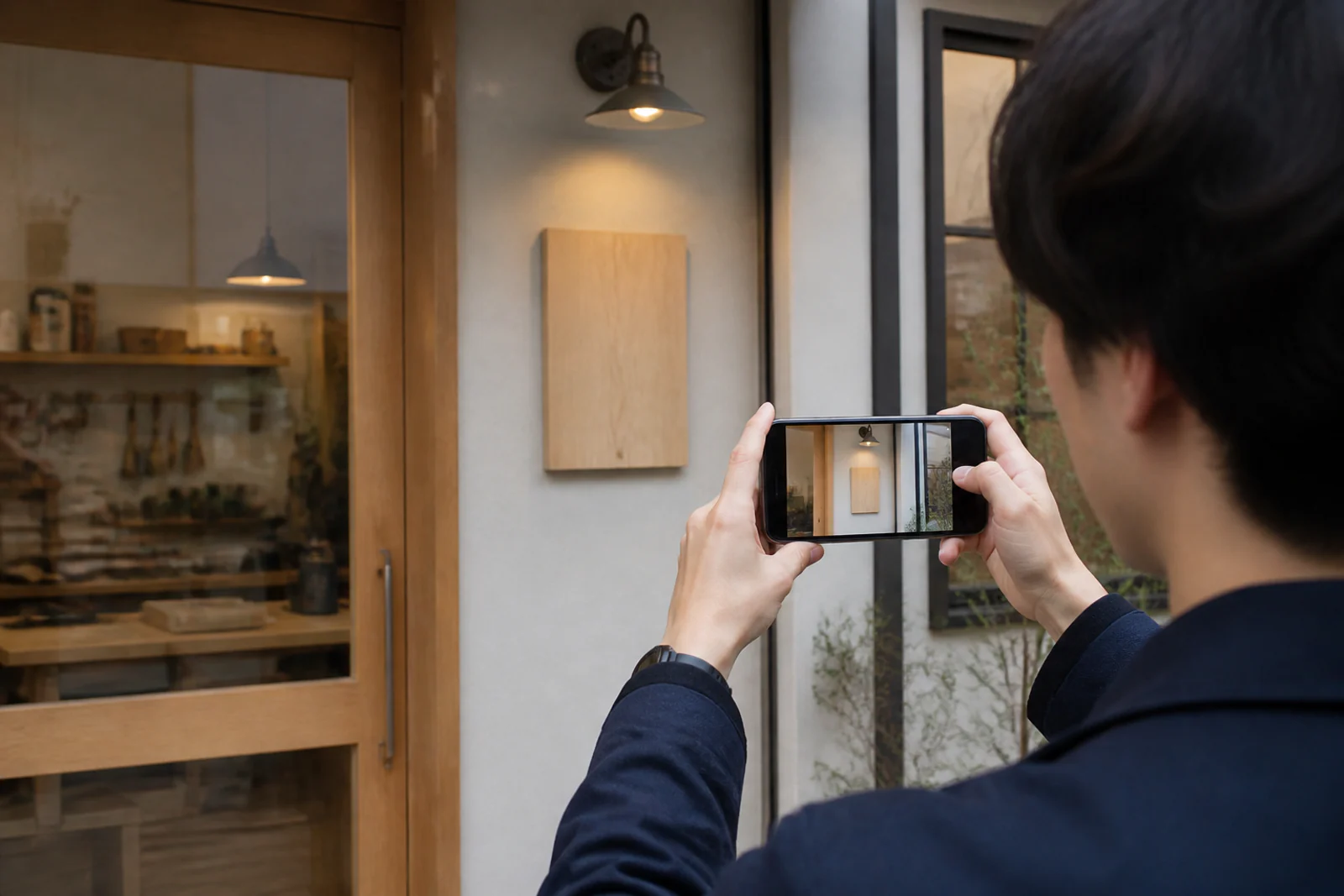 看板や店舗用品の設置場所をスマートフォンで撮影している様子