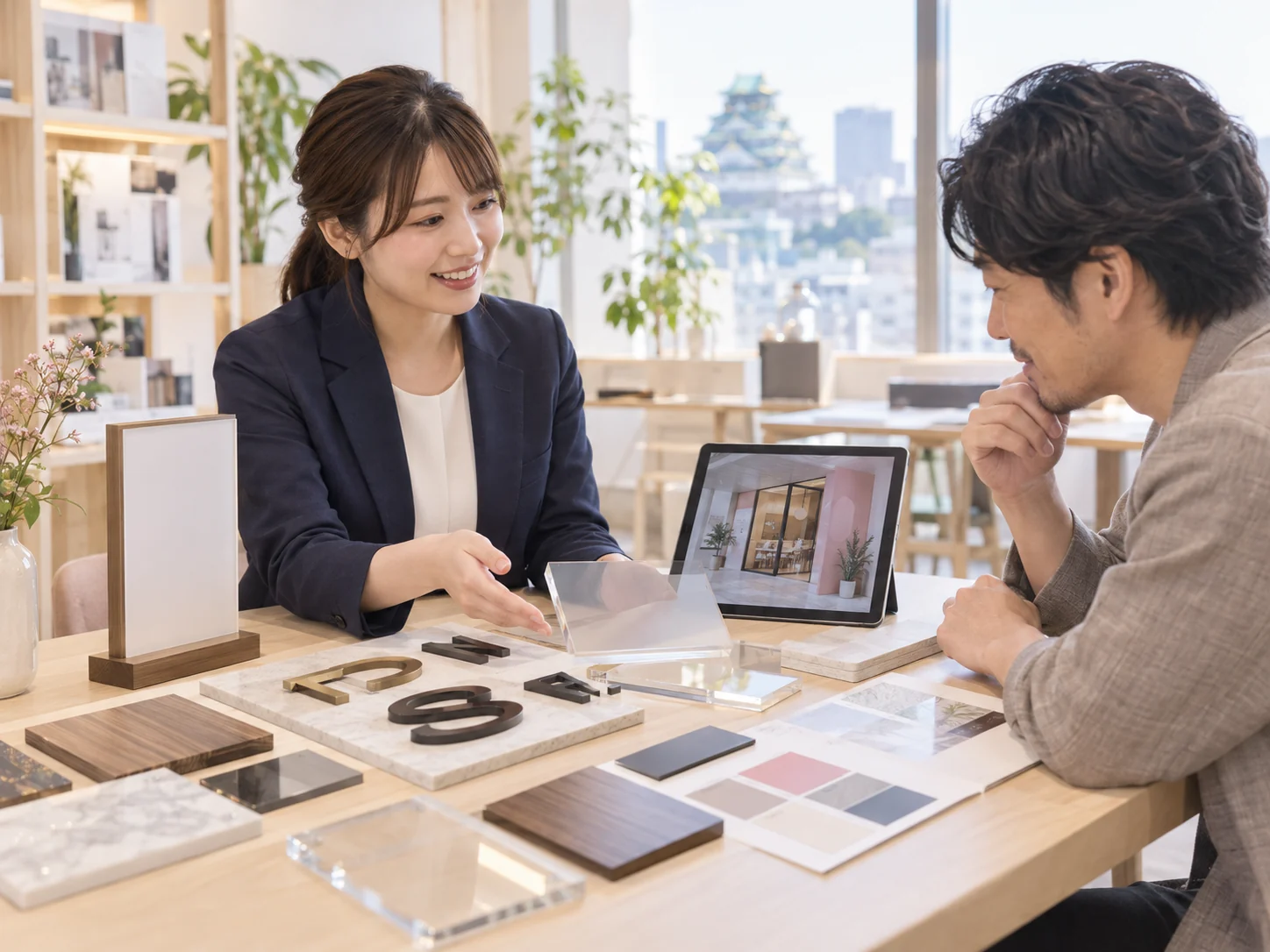 看板やデジタルサイネージの素材見本を見ながら相談するイメージ