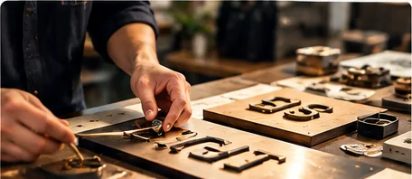 木製の切り文字と店舗用品を制作するイメージ（AI生成）