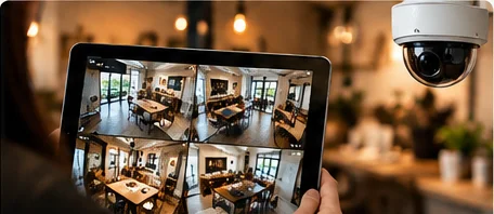 防犯カメラと店舗モニターによる運営支援のイメージ（AI生成）