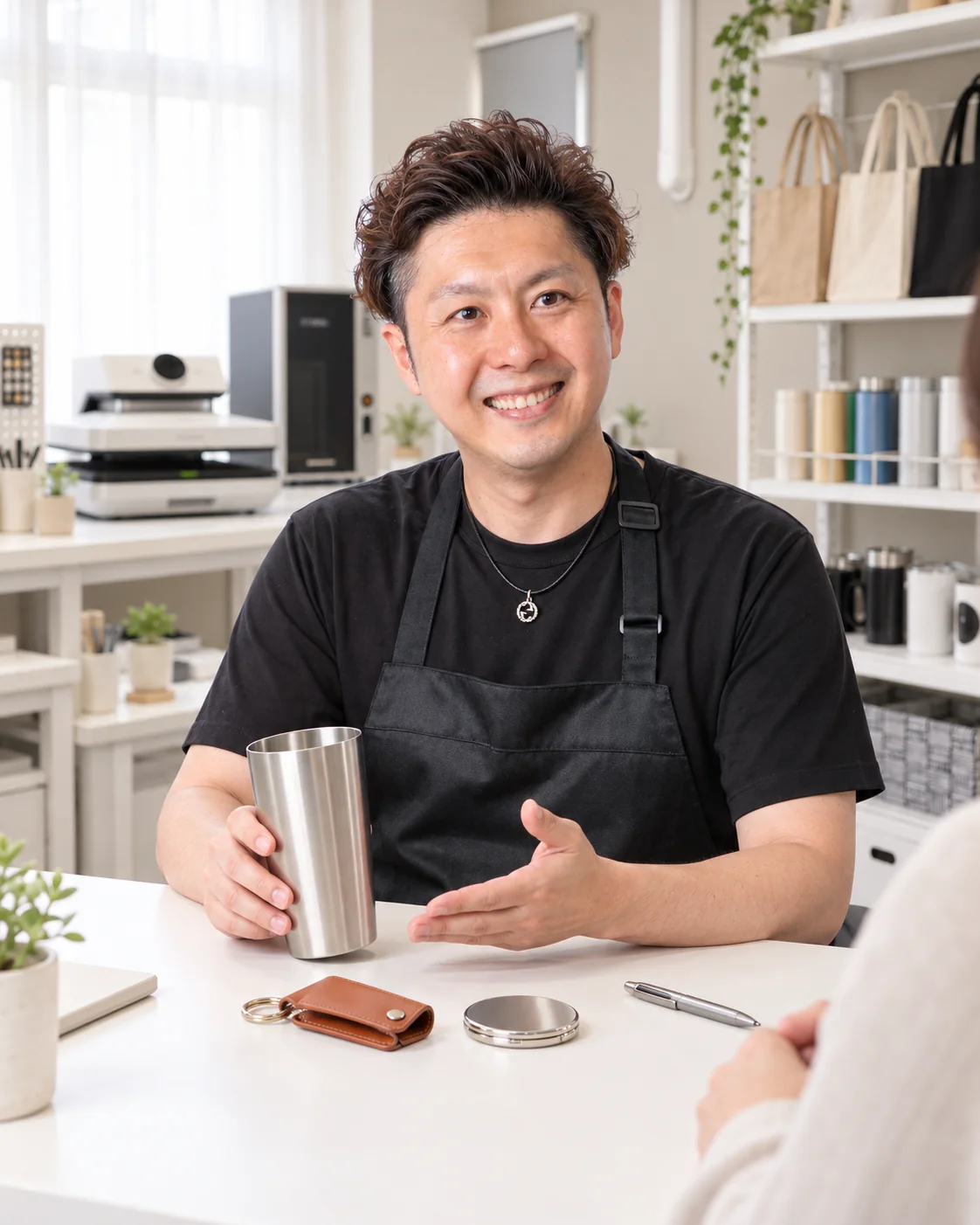 EIGHTで持ち込み商品の名入れについて笑顔で相談を受ける様子
