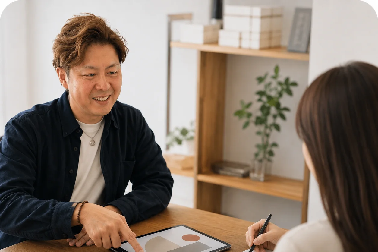 スタッフがお客様と制作イメージを相談している様子