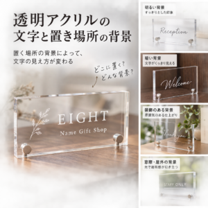透明アクリルの文字と置き場所の背景